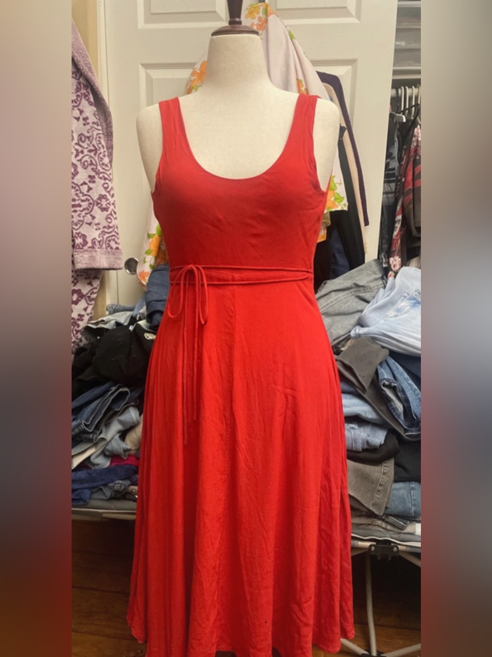 Privacy Please Red Orange Sleeveless Midi Wrap Dress with Self-Tie Waist